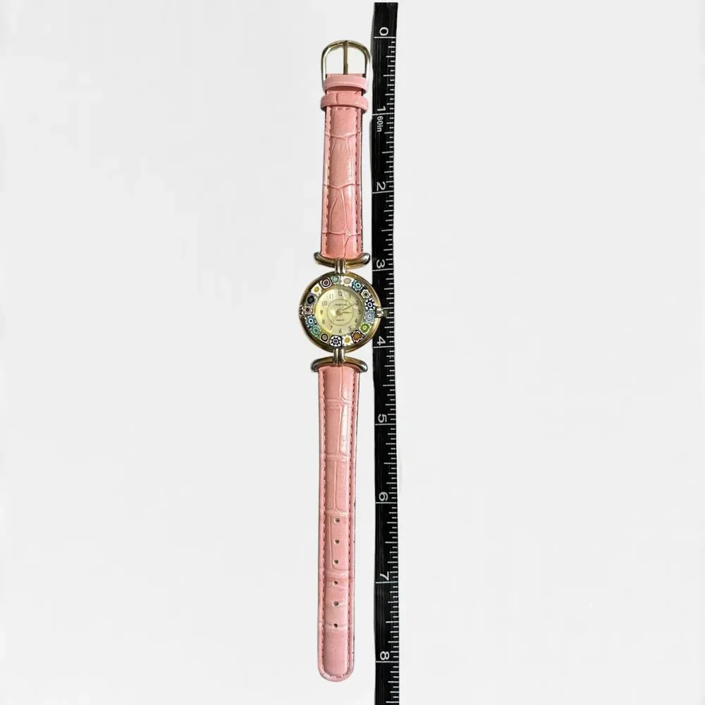 Venetiae Murano Millefiori Glass Quartz Wristwatch Womens Pink Strap Croc Style